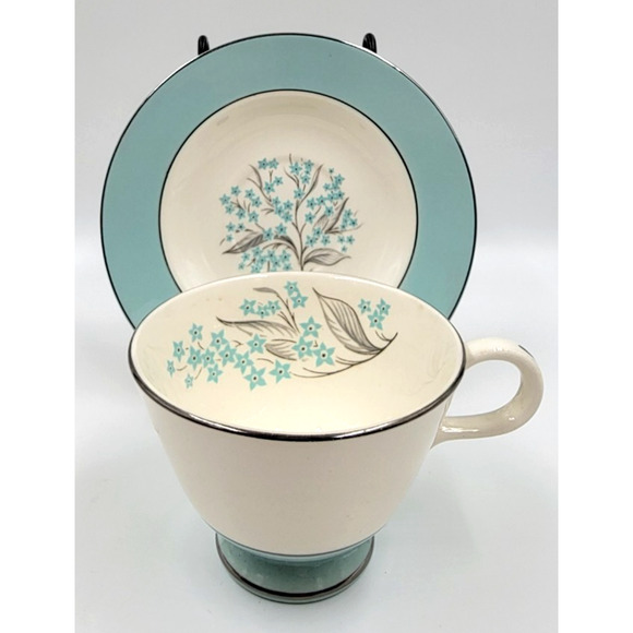 Sevron Powder Blue Lace Tea Coffee Cup Saucer Silver Trim 1950's Set of 2 - Picture 16 of 16